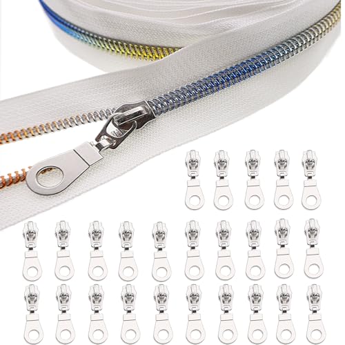 #5 Colorful Metallic Nylon Coil Zippers by The Yard, Bulk White Zipper Tape 10 Yards with 25Pcs Pulls for DIY, Sewing, Craft, Bags YIGUANXIN - color: White-Rainbow teeth