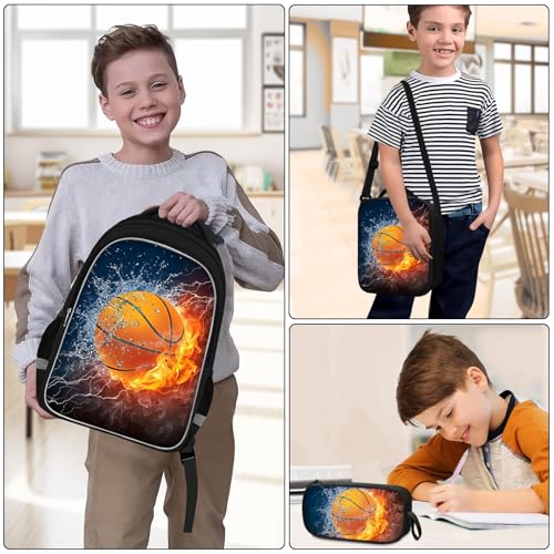 School Backpack for Boys - 4pcs Basketball Boys Backpack with Lunch Box and Pencil Case for Kids Children Teens Elementary Middle School - Students Bag for Ages 6-18,17″Bookbag Travel Back Pack - color: Basketball-02-backpack Set