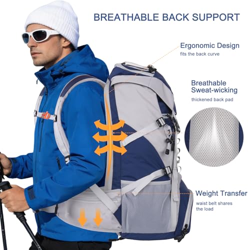 MOSISO 50L Hiking Backpack, Waterproof Camping Backpack with Rain Cover for Men Women, Lightweight Sport Daypack for Outdoor Camping Travel, Navy Blue