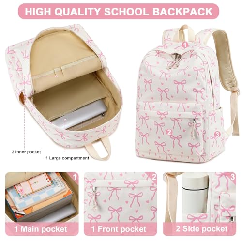 LOIDOU Backpack for Teen Girls Bookbags School Backpack with Lunch Box and Pencil Case 3 in 1 School Bags Set - color: Pink Bow Tie 18