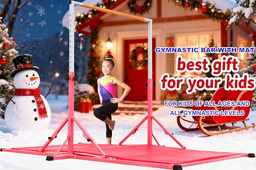 Marfula Gymnastic Bar For Kid and Teenage of 3-25, 5Ft/8 FT Base Length 4Ft Width 5Ft Adjust Height, Gymnastic Kip Bar For Gymnast, Gymnastic Training Equipment For Professional Training Home Club Use - color: Pink (Bar with Mat - 8 Ft Base)