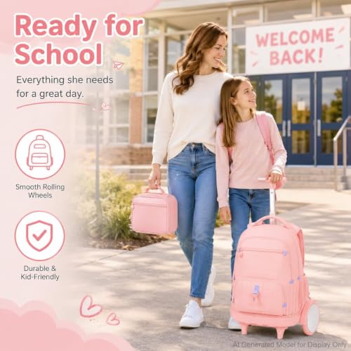 CCJPX 3Pcs Women & Girls Rolling Backpack with Bigger Wheels, Extra-Large Wheeled Bookbag with Lunch Box, Water Resistant Extra-Large Roller Luggage for Travel, Work, College (Pink) - color: Pink(upgrade Large Wheel)