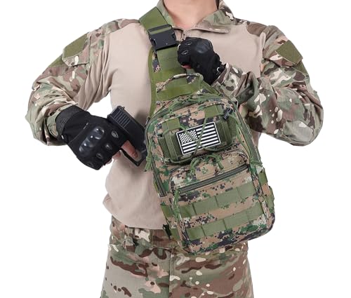 Tactical Sling Backpack Military Crossbody Bag Pack for Mens One Shoulder Holster Sling Bag 10L - color: Woodland Digital Camo