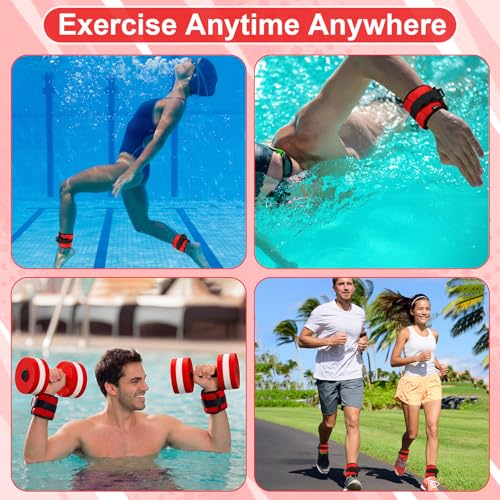 Hollowfly Water Aerobics Set, 4 Piece Pool Exercise Kit (2 Aquatic Dumbbells + 2 Ankle/wrist Weights), EVA Foam, Low-impact Workout - color: Red, size: 1lb