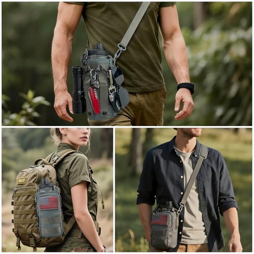 Water Bottle Holder with Strap - Tactical Insulated Water Bottle Sleeve with MOLLE System Water Bottle Cover Cross-Body Pouch for Walking Hiking Camping Gym 32oz&40oz - color: Gray