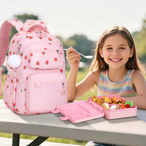 Bevalsa Backpack for Girls, School Bookbag Teen Girls Backpack Set with Bento Lunch Box, Insulated Bag & Pencial Case, 43oz Lunch Containers for Kids Elementary Middle Student (Pink Strawberry) - color: Pink Strawberry