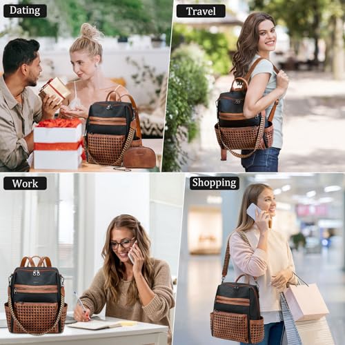 AGLOD Leather Backpack Purse for Women Designer Ladies Shoulder Bag Fashion Faux Work Travel Handbags - color: Woven Black-brown
