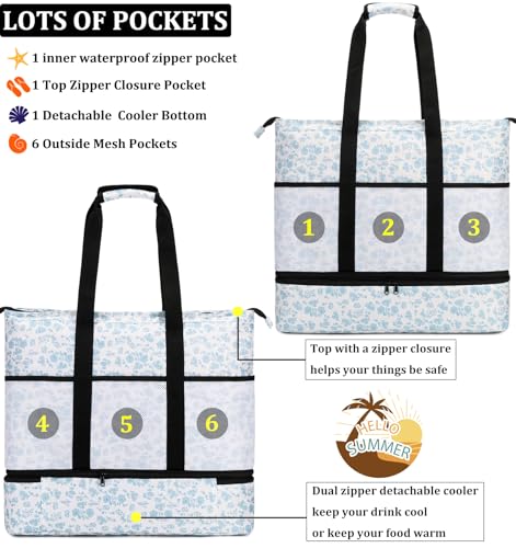 JIANYA Beach Bag Women Waterproof Sandproof Beach Tote Bags with Cooler Top Zipper Large Totes for Pool Travel Daily - color: Pink Bow