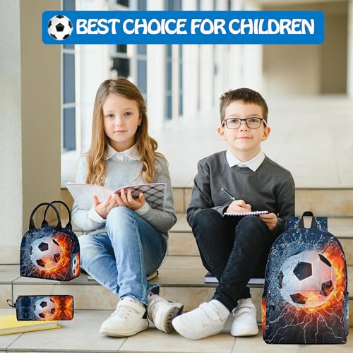 3PCS Backpack for Boys Girls, Kids Soccer Back to School Backpack Sets with Lunch Bag Pencil Case, 17 Inch Lightweight Bookpack 3 in 1 Set for Teens Elementary Middle High School Students - color: Water Fire Soccer