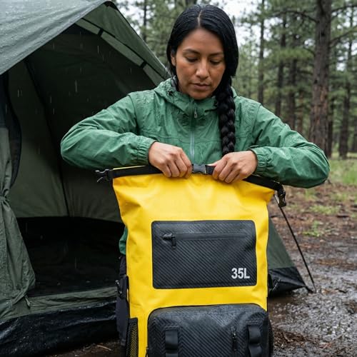 Greencity 100% Waterproof Roll-Top Dry Bag Backpack with Front Splash-Proof Pocket, Lightweight Floating Pack for Kayaking, Hiking & Travel,35L (Yellow-black) - color: Yellow-black