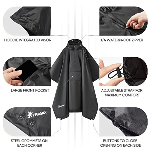 PTEROMY 3-in-1 Hooded Rain Poncho for Adult with Pocket, Waterproof Lightweight Unisex Raincoat for Hiking Camping Emergency - color: Black 1/4 Zipper