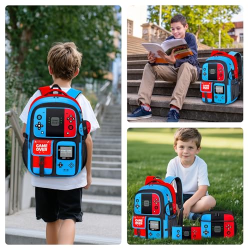 Gamer Backpack for Boys, 4pcs Gaming Boys Backpack with Lunch Box and Pencil Case for Kids, Video Gamer School Bags - color: Red and Blue