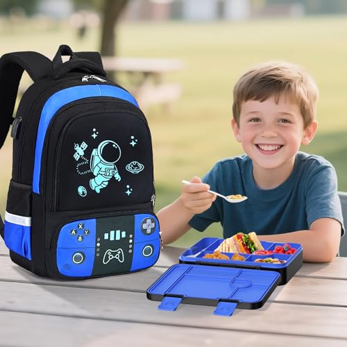 Bevalsa Backpack for Boys with 43OZ Bento Lunch Box,Insulated Lunch Bag & Pencial Case,Cool Luminous Gamer Schoolbag for Kids Teens Elementary Middle School,Bookbag Glow In The Dark - color: Blue Astronaut, style: Backpack With 43oz Bento Box