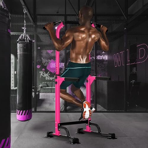 DlandHome Power Tower Pull Up Dip Station Multi-Function Fitness Equipment for Strength Training Adjustable Height Dip Stand for Home Gym - color: Pink