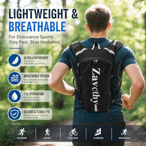 Zavothy Hydration Backpack with 1.5L Water Bladder, Lightweight Water Backpack for Women, Hydration Pack with Rain Cover for Running Hiking Cycling Festival, Reflective Bounce-Free Fit - color: Black