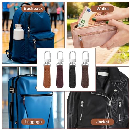 12 Pcs Replacement Zipper Pull, Leather Zipper Pulls Replacement for Luggage, Backpacks, Suitcases, Jackets, Wallets, Handbags (Dark Brown, Black, Coffee, Jujube Red) - color: Dark Brown, Black, Coffee, Jujube Red