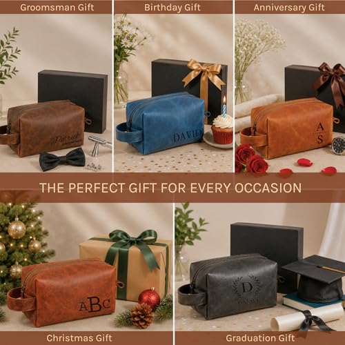 Motiwear Custom Leather Toiletry Bag for Men Personalized Dopp Kit Travel Grooming Organizer Gift for Him Stylish - Light Brown - color: Light Brown