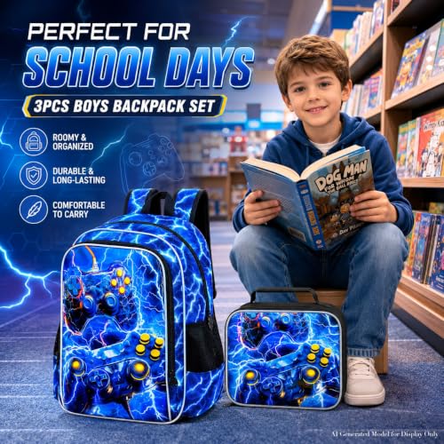 3Pcs Gamer Backpack for Boy, 17" Lightning School Bookbag for Elementary Preschool Kindergarten, Kids School Thunder Backpacks with Lunch Box (Blue) - color: Game Blue