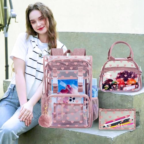 3Pcs Pink Clear Backpack for School, Girls Kids Transparent Bookbag Set, 17" Stadium Approved See Through Backpack with Lunch Box (Pink) - color: Pink Love01