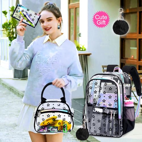 gxtvo 3PCS Girls See Through Bookbag Heavy-Duty Set for Women & Teen, 17" Black Clear School Backpack with Rainbow Strap, Cute Star Transparent Bag - color: Black Star Rainbow Clear Backpack Set