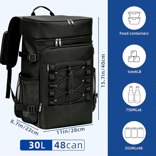 Backpack Cooler Insulated, Leak Proof, 33 Can Capacity, 2 Compartments, Portable Lightweight Thermal Bag for Camping, Beach, Travel, Lunch - color: Black