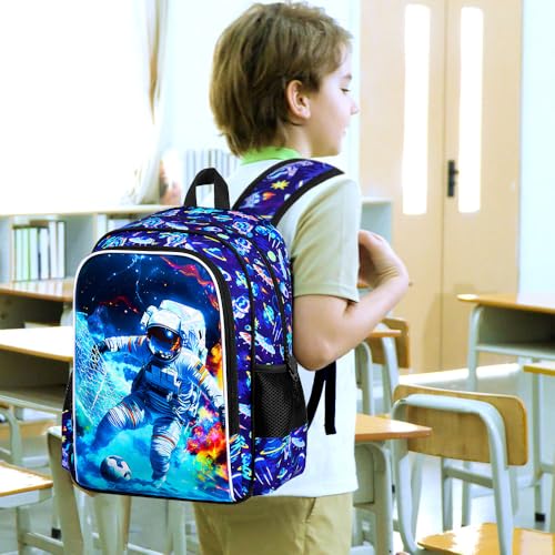 HPJGD 3PCS Boys Astronaut Bookbag, Water Resistant Kids School Bag Set with Lunch Box, Cool Backpack for Elementary Preschool Toddler - Soccer Astronaut - color: Cool Uv Printed Astronaut Soccer Blue