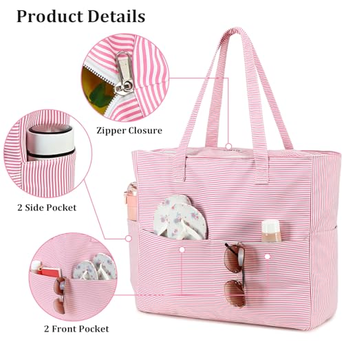 LEDAOU Beach Bag Waterproof Sandproof Women Beach Tote Pool Bag with Zipper for Swim Gym Grocery Travel with Wet Pocket | Sandproof - color: Light Rose Red Stripes