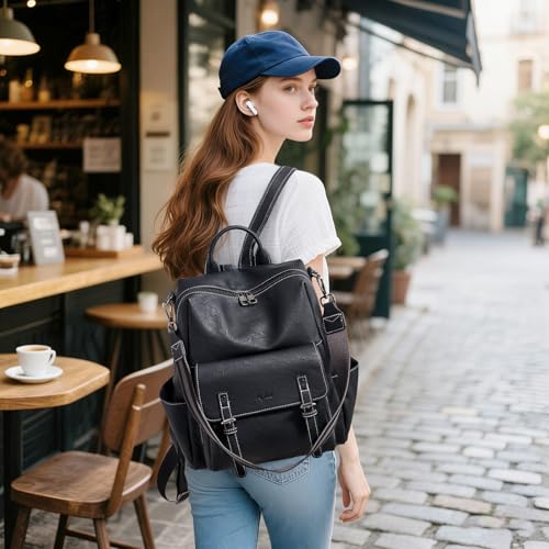 AGLOD Backpack Purse for Women PU Leather Back Packs Designer Ladies Shoulder Bag Fashion Faux Work Travel Handbags - color: Black