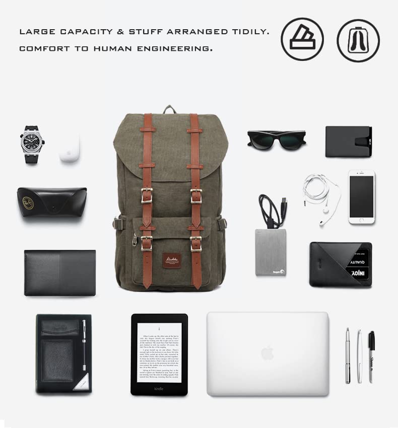 KAUKKO Travel Laptop Backpack Outdoor Rucksack Causal backpack Fits 15.6"(Canvas Green) - color: Canvas Green, size: Large