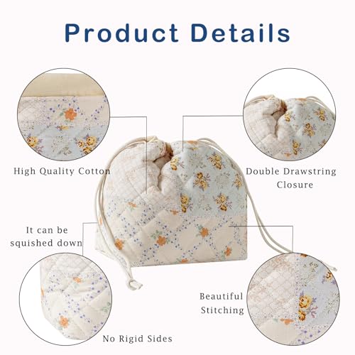 Cotton Quilted Drawstring Makeup Bag with Canvas Lining,Coquette Aesthetic Cute Travel Toiletry Bag,Drawstring Gift Bag for Women and Girls(08Pink Flower) - color: 08Pink Flower