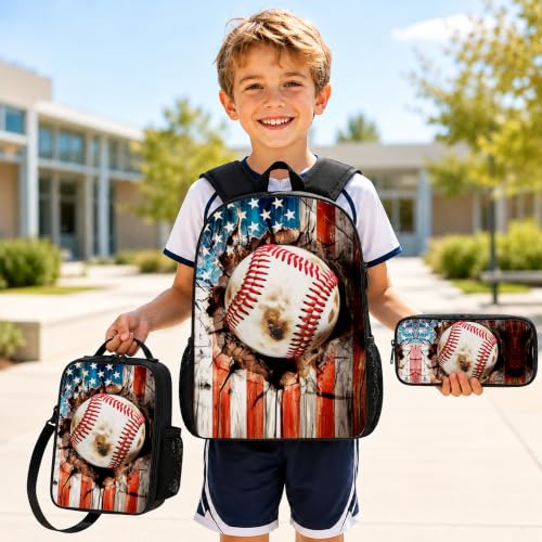3PCS Baseball Print Backpack for Boys Girls Teens, School Backpack with Lunch Box Pencil Case for Elementary Middle High Students, 17 Inch Lightweight Bookpack 3 in 1 Set Back to Shool Gifts for Kids - color: American Flag Baseball S01