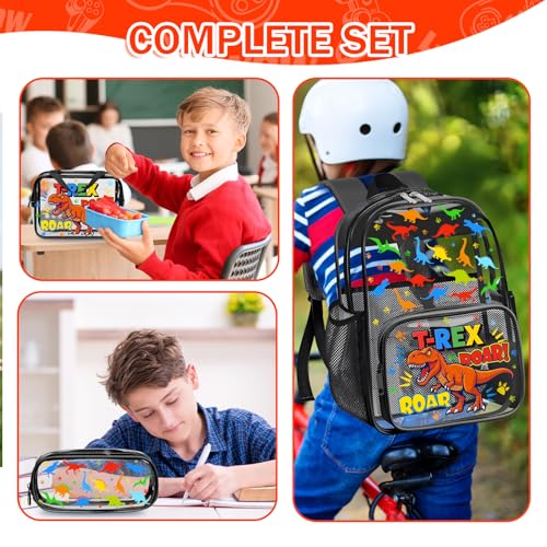 SHPMXUPW 3PCS Clear Black Backpack for School - Dinosaur Kids Clear Backpacks for Boys and Girls, Heavy Duty Transparent Bookbag with Lunch Bag and Pencil Case - See Through PVC Transparent Bookbag - color: Black-Dinosaur