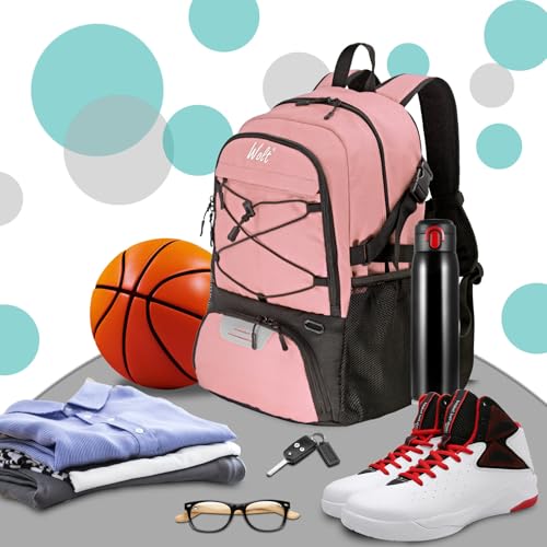 WOLT Basketball Backpack Large Sports Bag with Separate Ball Holder & Shoes Compartment, Best for Basketball, Soccer,Gym - color: Lightpink