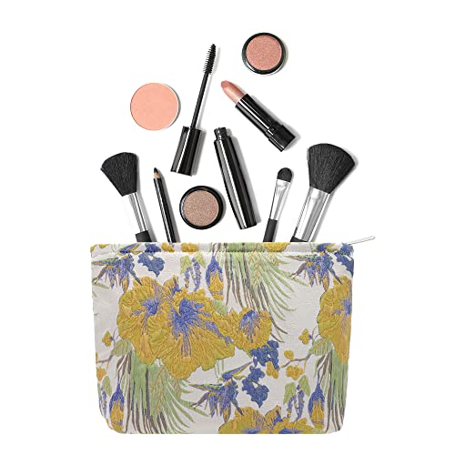 Makeup Bags for Purse Zipper Cosmetic Pouch Large Travel Canvas Make Up Organizer Tool Pouch for Women and Girls,Brocade Flower Yellow - color: Brocade Flower Yellow