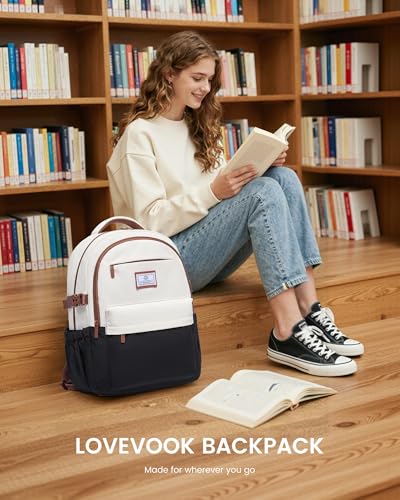 LOVEVOOK Laptop Backpack for Women Teens,College School Backpack with Tumbler Holder,15.6" Computer Bag,14 Pockets,Waterproof - color: Black/White/Brown, size: 15.6inch