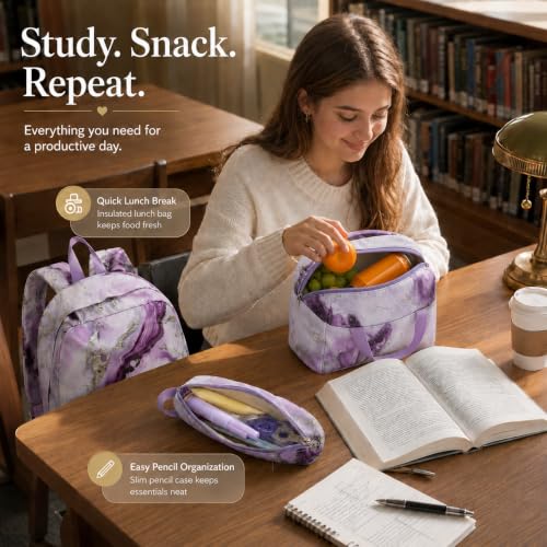 Bluboon Teen Girls School Backpack Kids Bookbag Set with Lunch Box Pencil Case Travel Laptop Backpack Casual Daypacks (Purple Marble) - color: Purple Marble