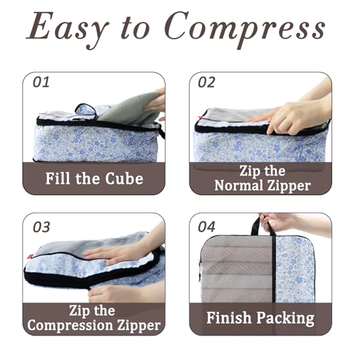 U+U 10 Set Compression Packing Cubes, Travel Organizers (Blue Flower) - color: Blue Flower, size: 10 Set