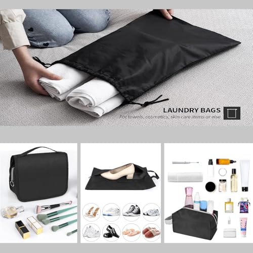 9-Set Packing Cubes with Hanging Bag | 9-Size Combination, Mesh Fabric & Reflective Stripe | Travel Luggage Organizers (Black) - color: Black
