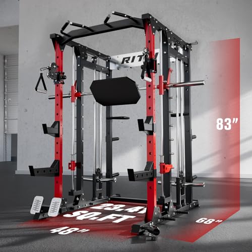 RitFit Buffalo Smith Machine, Power cage with LAT-Pull Down System & Cable Crossover System, All-in-One Squat Rack for Home Gym, Power Rack - color: RED, size: Package(With CP370)