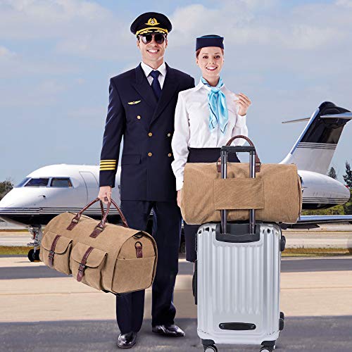 seyfocnia Convertible Travel Garment Bag,Carry on Garment Duffel Bag for Men Women - 2 in 1 Hanging Suitcase Suit Business Travel Bag - color: Brown-two pockets-Canvas