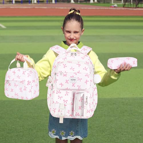 ACESAK Backpack for Girls - Girls Backpack with Lunch Bag & Pencil Pouch for Teen Kids Laptop Backpack for Women, Elementary Middle High School Bookbag Travel Daypack (Beige Bow) - color: Beige Bow
