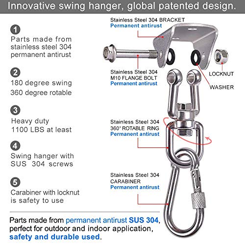 SELEWARE Swing Hangers Stainless Steel Swing Hooks Swivel Swing Mount Hardware w/Carabiners for Porch Swing Sets Hammock Chair Heavy Bag Yoga Silk Suspension Straps 1000 LB Capacity Each 2 Pack - color: Silver-360° Swing Hanger With Carabiners (2 Pack)