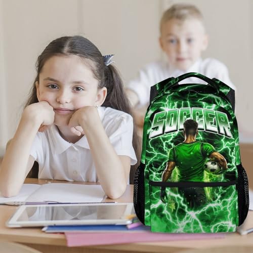 UNIKITTY Soccer Backpack for Boys Kids School Bag 17 Inch Child Bookbag for Elementary Middle School Students, Sports-Themed Polyester Back Pack with Side Mesh Pockets - color: Green
