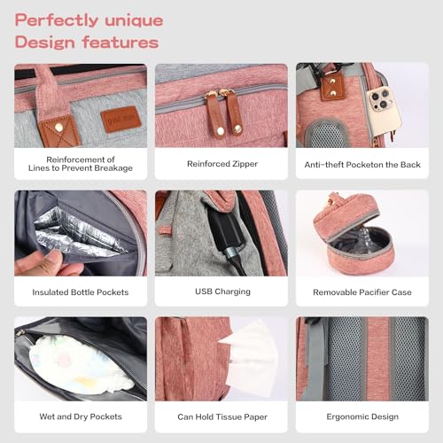JOYCE Diaper Bag Backpack with Changing Pad, Water-Resistant, Pinkish Gray | Portable changinag pad, insulated bottle pockets, stroller straps, pacifier case, Multi-Compartment storage - color: Pinkish Gray
