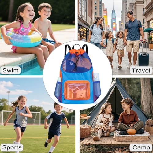 Swim Bag for Kids Mesh Beach Backpack for Boys Lightweight Drawstring Beach Bag Swimming Pool Sports Gym String Bag (Blue) - color: Blue