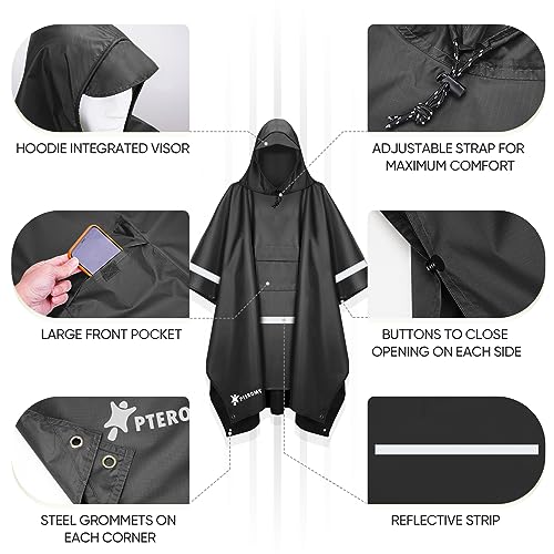 PTEROMY 3-in-1 Hooded Rain Poncho for Adult with Pocket, Waterproof Lightweight Unisex Raincoat for Hiking Camping Emergency - color: Black W/ Reflective Stripe