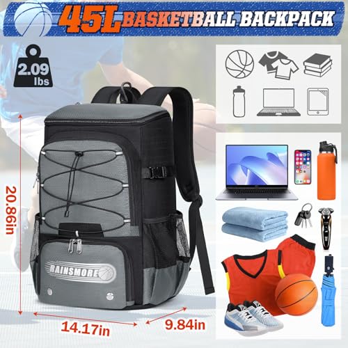 RAINSMORE Basketball Backpack 45L Basketball Bag with Separate Ball Holder & Shoes Compartment Water Resistant Sports Bag Basketball Equipment Bags Fit Volleyball, Soccer, Swim, Gym, Travel - color: Grey