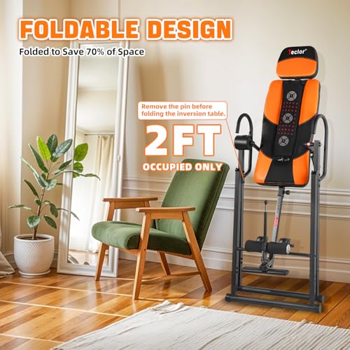 Teclor Inversion Table,Advanced Heat and Massage Function,Strength Training Inversion Table for Back Pain Relief,Heavy Duty Inversion Table 350 lbs Capacity with Wider and Thickened Backrest - color: Orange/Black
