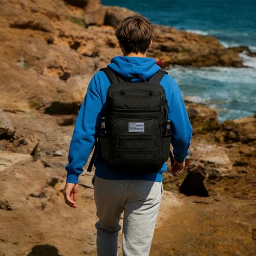 Tactical Cooler Backpack for Men, Double Deck Insulated Cooler Bag 40 Cans, Soft Lunch Backpack with 16H Ice Retention Waterproof Leakproof Picnic Backpack for Work Beach Camping BBQ Hiking - color: Black
