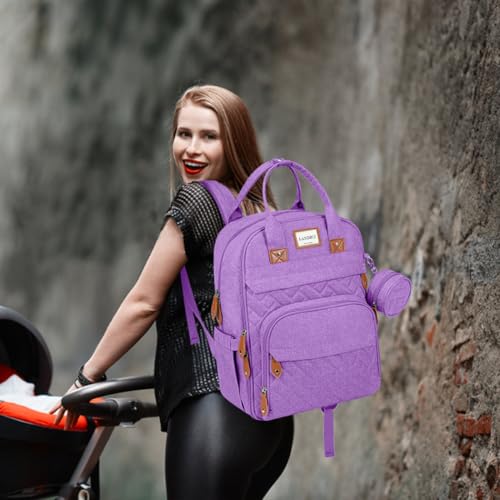 LANDICI Diaper Bag Backpack, Multifunction Baby Diaper Bags with Changing Pad, Stroller Straps & Pacifier Case, Travel Essentials Back Pack for Mom Dad Boy Girl, Large Capacity, Waterproof, Lavender - color: Lavender